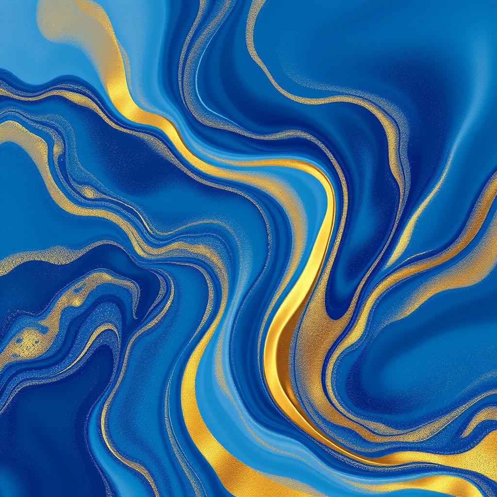 An abstract composition featuring a dynamic blend of blue and gold colors, creating a sense of movement and depth