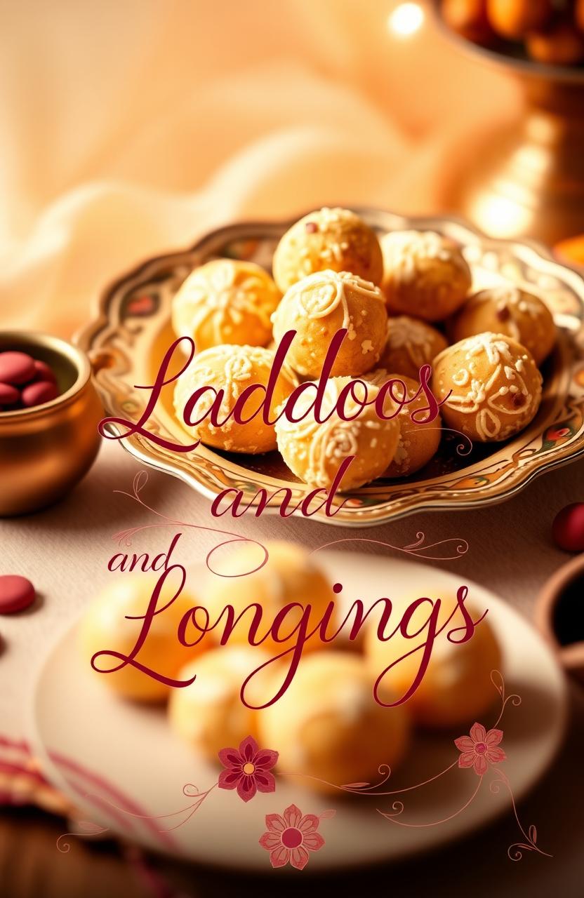 A beautifully designed cover page for a romantic novel, featuring an elegant arrangement of traditional Indian laddoos (sweet round desserts) on a decorative plate