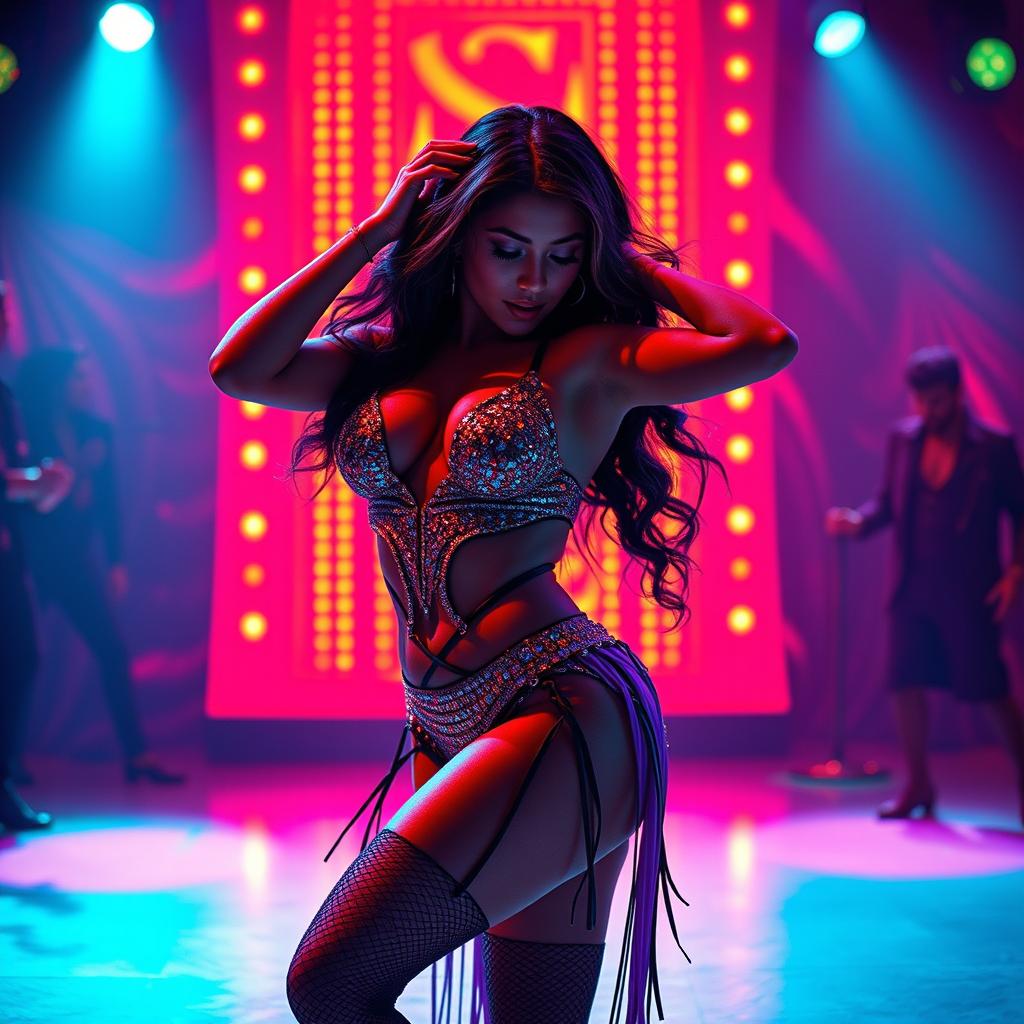 A provocative and artistic representation of a sultry dance performance inspired by Shakira, featuring a powerful and confident female dancer showcasing her incredible curves and bold movements