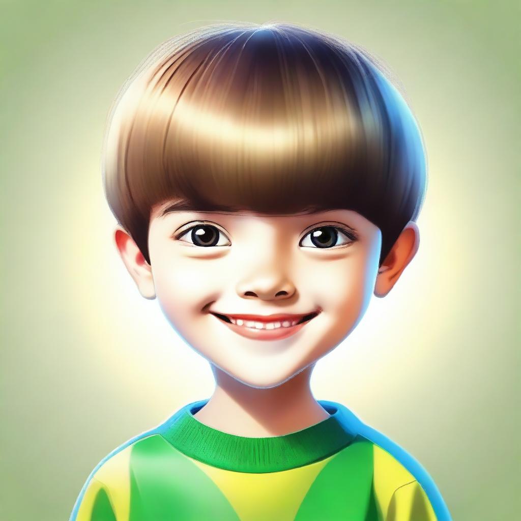 A high-quality digital art piece showcasing a 7-year-old boy with a bowl cut