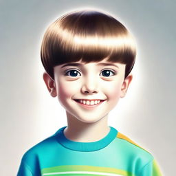 A high-quality digital art piece showcasing a 7-year-old boy with a bowl cut