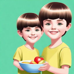 A high-quality digital art piece showcasing a 7-year-old boy with a bowl cut