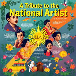 A colorful and vibrant tribute poster showcasing Filipino National Artists from various fields such as visual arts, music, dance, and literature