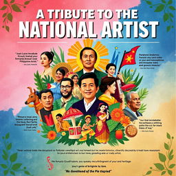 A colorful and vibrant tribute poster showcasing Filipino National Artists from various fields such as visual arts, music, dance, and literature