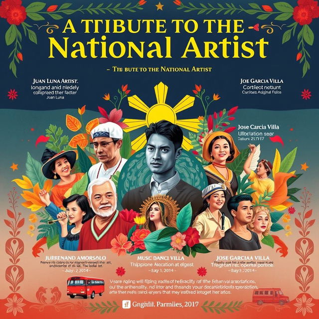 A colorful and vibrant tribute poster showcasing Filipino National Artists from various fields such as visual arts, music, dance, and literature