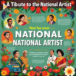 A colorful and vibrant tribute poster showcasing Filipino National Artists from various fields such as visual arts, music, dance, and literature