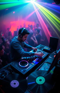 A vibrant DJ booth setup with a professional DJ in action, manipulating a state-of-the-art DJ console with colorful lights flashing and a lively crowd dancing in the background
