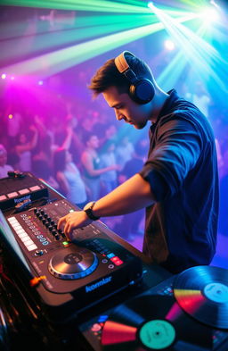 A vibrant DJ booth setup with a professional DJ in action, manipulating a state-of-the-art DJ console with colorful lights flashing and a lively crowd dancing in the background