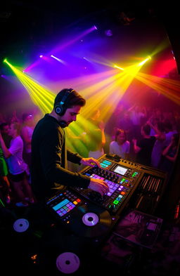 A vibrant DJ booth setup with a professional DJ in action, manipulating a state-of-the-art DJ console with colorful lights flashing and a lively crowd dancing in the background