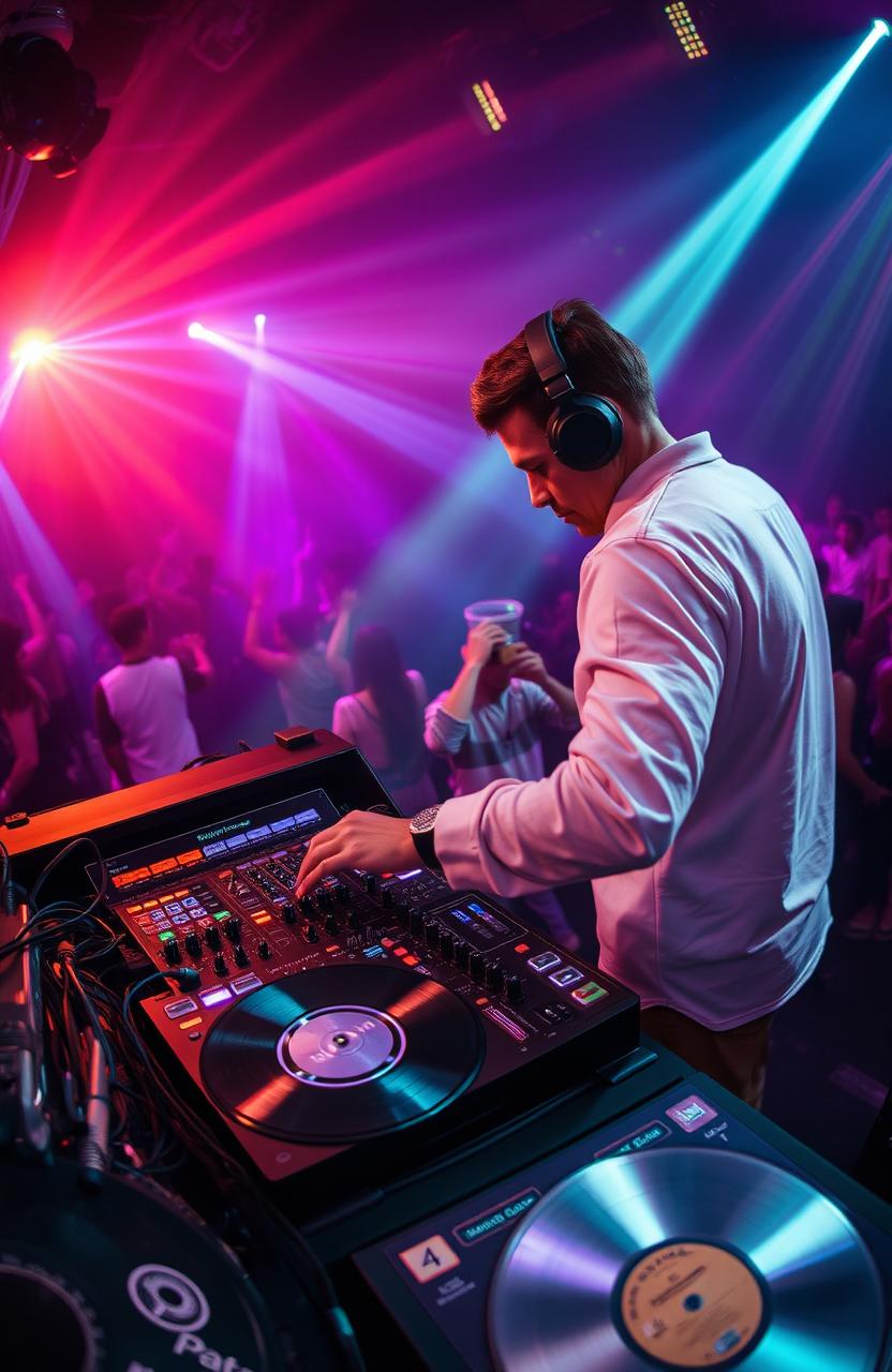 A vibrant DJ booth setup with a professional DJ in action, manipulating a state-of-the-art DJ console with colorful lights flashing and a lively crowd dancing in the background