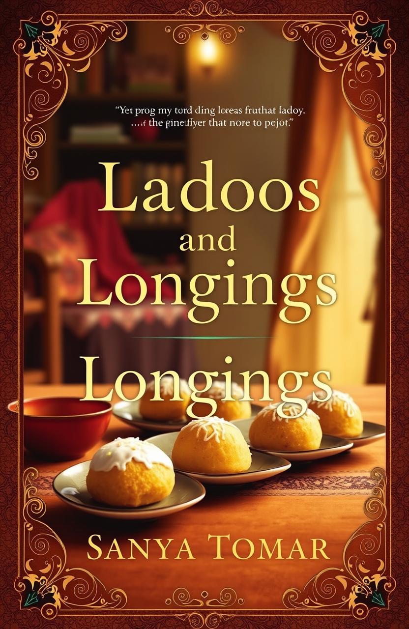 A captivating novel cover for 'Ladoos and Longings' by Sanya Tomar, featuring an artistic interpretation of traditional Indian ladoos placed elegantly on a table
