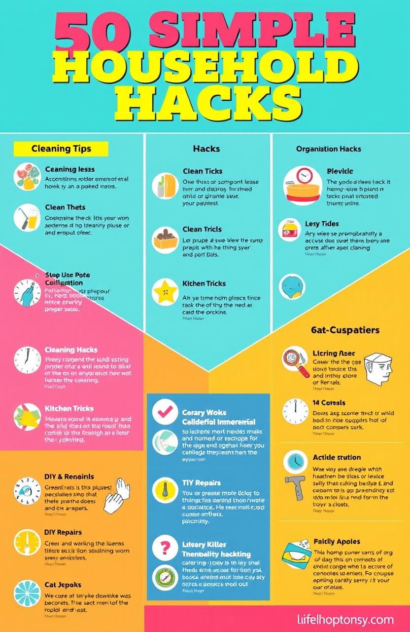 A visually striking infographic showcasing 50 simple household hacks