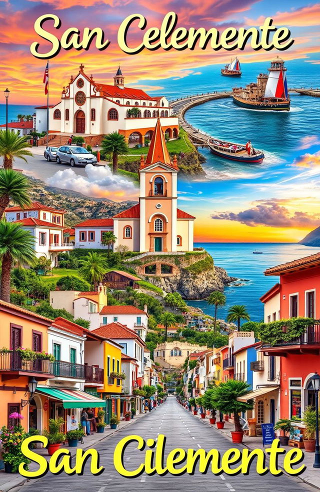 A vibrant and detailed collage showcasing the key landmarks of the municipality of San Clemente