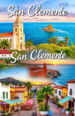 A vibrant and detailed collage showcasing the key landmarks of the municipality of San Clemente