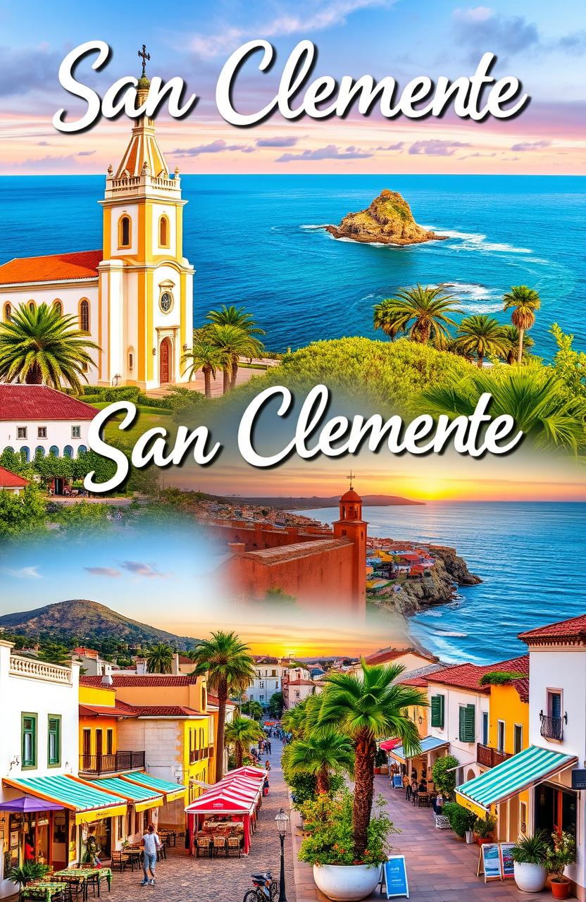 A vibrant and detailed collage showcasing the key landmarks of the municipality of San Clemente