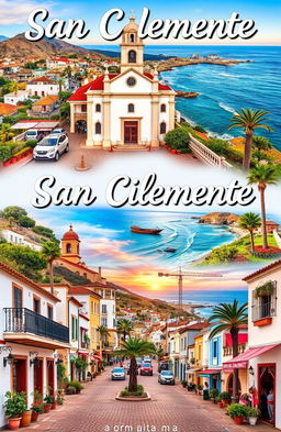 A vibrant and detailed collage showcasing the key landmarks of the municipality of San Clemente