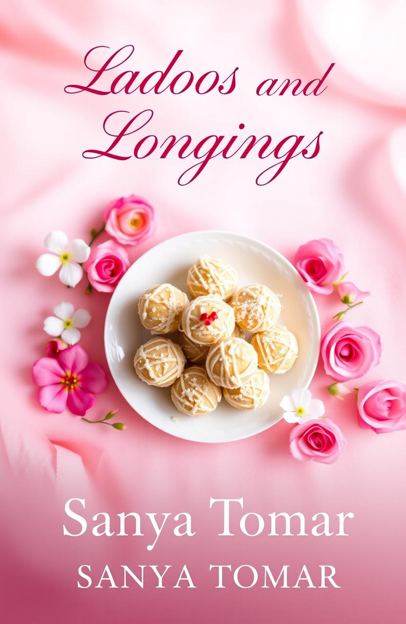 A romantic novel cover for a book titled "Ladoos and Longings" by Sanya Tomar