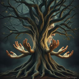 A surreal scene depicting a single large tree with ten expressive hands as its roots, intertwining and reaching out, symbolizing growth and unity