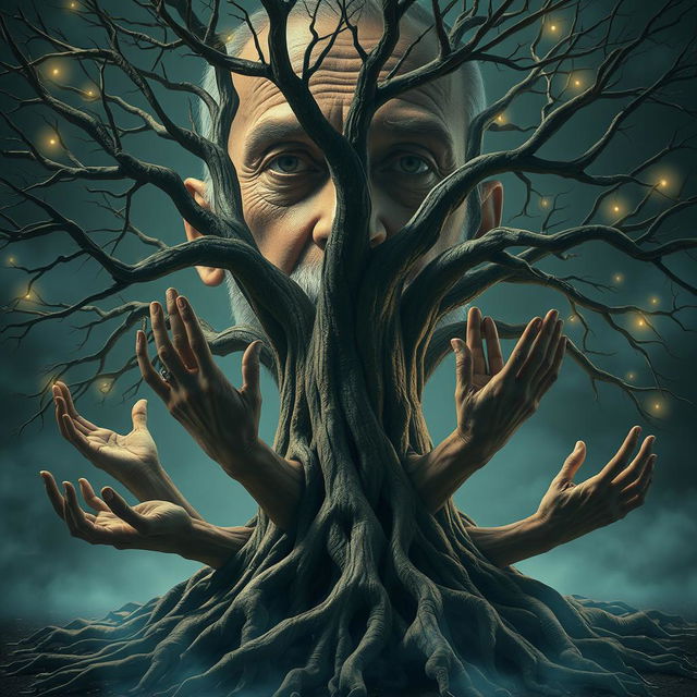 A surreal scene depicting a single large tree with ten expressive hands as its roots, intertwining and reaching out, symbolizing growth and unity