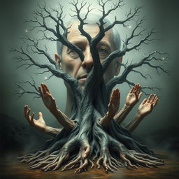 A surreal scene depicting a single large tree with ten expressive hands as its roots, intertwining and reaching out, symbolizing growth and unity