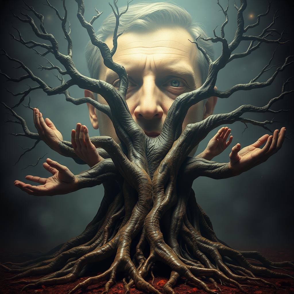 A surreal scene depicting a single large tree with ten expressive hands as its roots, intertwining and reaching out, symbolizing growth and unity