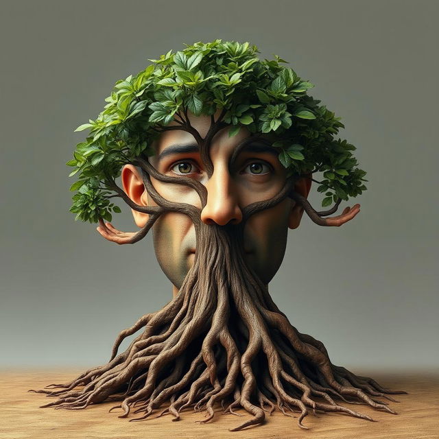 A surreal artistic depiction of a single tree with ten hands as its roots, intricately designed to symbolize connection and growth