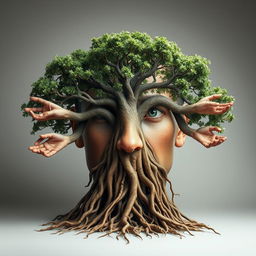 A surreal artistic depiction of a single tree with ten hands as its roots, intricately designed to symbolize connection and growth