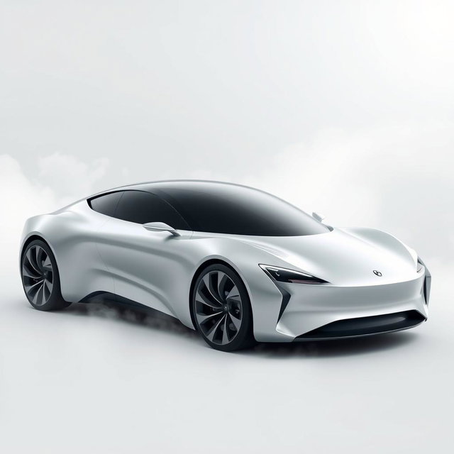 A sleek car with flowing curves symbolizing fluidity and connection, featuring a highly aerodynamic body design that gives it an ethereal look, blending modern aesthetics with functional engineering
