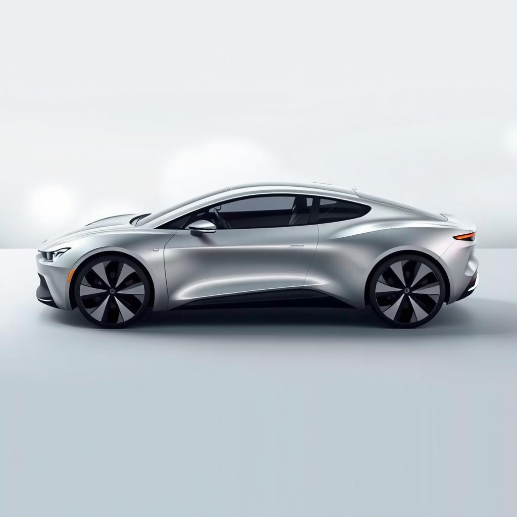 A sleek car with flowing curves symbolizing fluidity and connection, featuring a highly aerodynamic body design that gives it an ethereal look, blending modern aesthetics with functional engineering