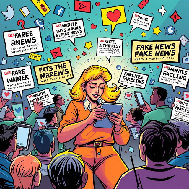 A vibrant scene depicting the spread of fake news on social media driven by a fictional character named Marites