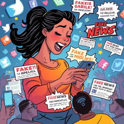 A vibrant scene depicting the spread of fake news on social media driven by a fictional character named Marites