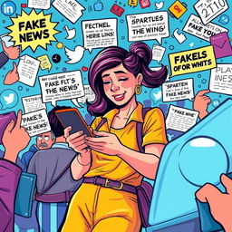 A vibrant scene depicting the spread of fake news on social media driven by a fictional character named Marites