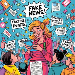 A vibrant scene depicting the spread of fake news on social media driven by a fictional character named Marites