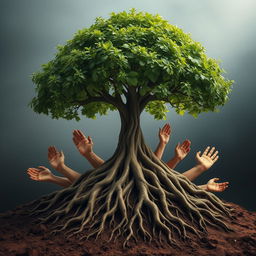 A captivating image of a single tree with ten hands artistically formed as its roots, sprawling and intertwined into the soil, symbolizing strength and connection to the earth