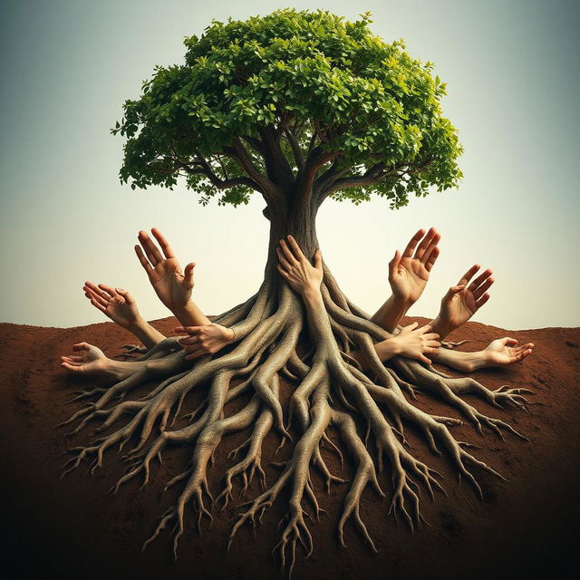 A captivating image of a single tree with ten hands artistically formed as its roots, sprawling and intertwined into the soil, symbolizing strength and connection to the earth