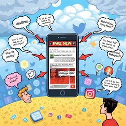 An illustrative depiction of the spread of fake news in social media, showing various social media platforms like Facebook, Twitter, and Instagram with vibrant, eye-catching graphics