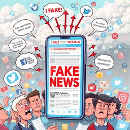 An illustrative depiction of the spread of fake news in social media, showing various social media platforms like Facebook, Twitter, and Instagram with vibrant, eye-catching graphics