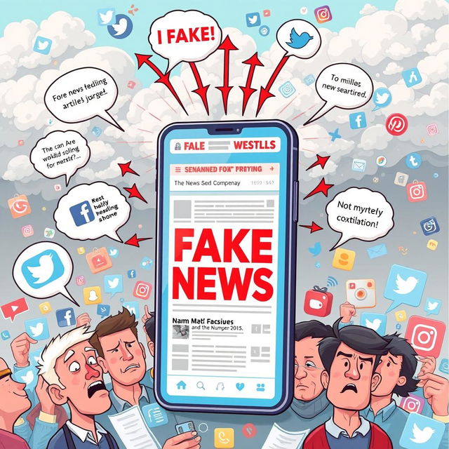 An illustrative depiction of the spread of fake news in social media, showing various social media platforms like Facebook, Twitter, and Instagram with vibrant, eye-catching graphics