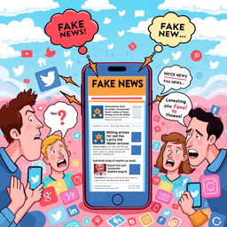 An illustrative depiction of the spread of fake news in social media, showing various social media platforms like Facebook, Twitter, and Instagram with vibrant, eye-catching graphics
