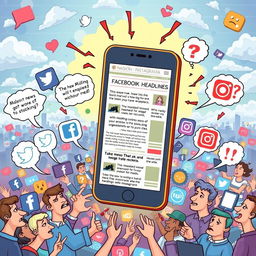 An illustrative depiction of the spread of fake news in social media, showing various social media platforms like Facebook, Twitter, and Instagram with vibrant, eye-catching graphics