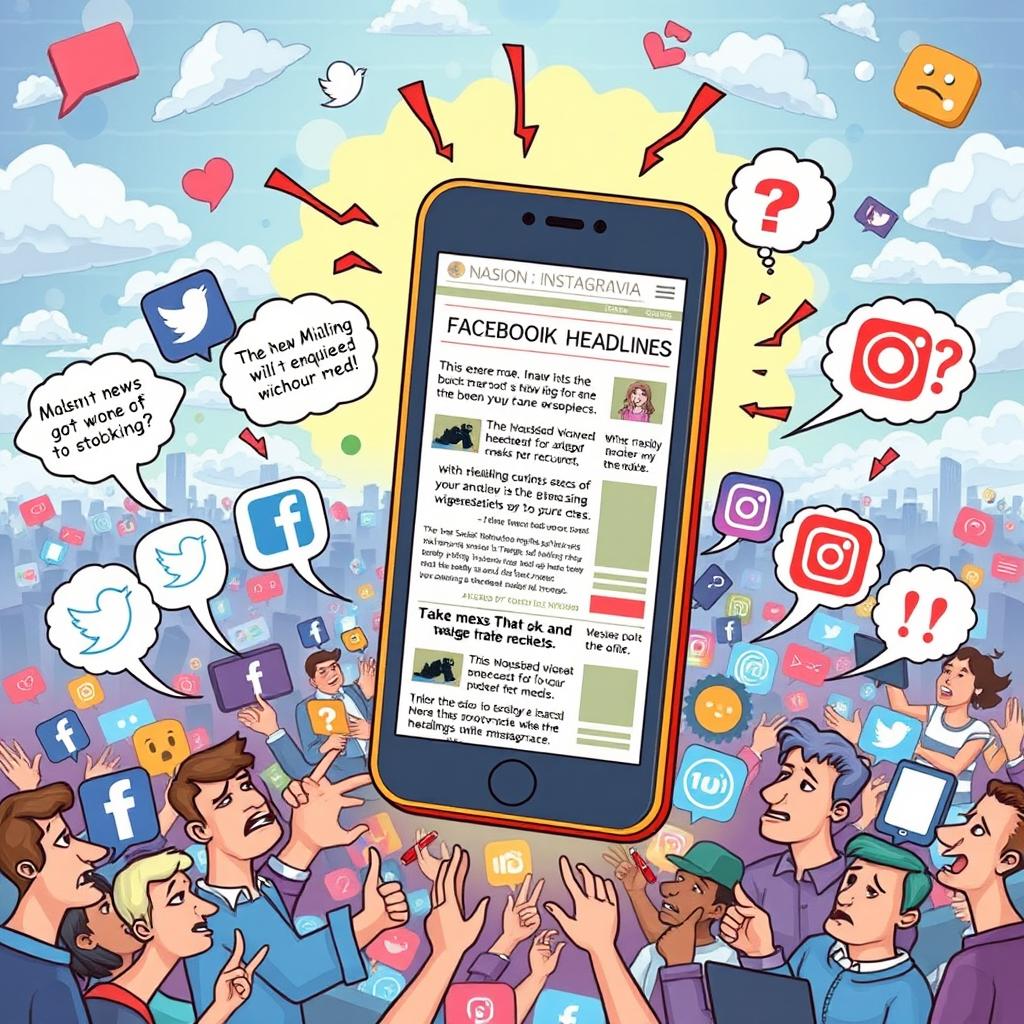 An illustrative depiction of the spread of fake news in social media, showing various social media platforms like Facebook, Twitter, and Instagram with vibrant, eye-catching graphics