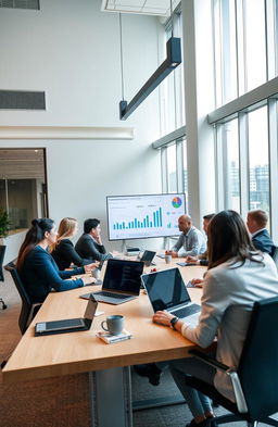 A modern, sleek office environment featuring a diverse group of professionals collaborating around a large conference table