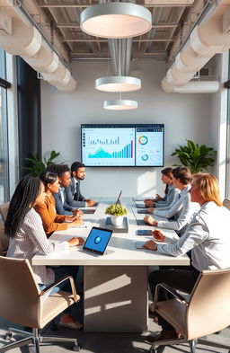 A modern, sleek office environment featuring a diverse group of professionals collaborating around a large conference table