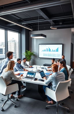 A modern, sleek office environment featuring a diverse group of professionals collaborating around a large conference table