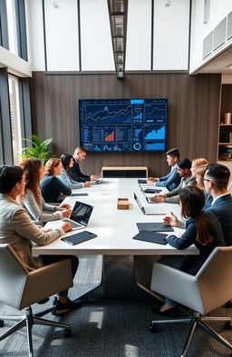 A modern, sleek office environment featuring a diverse group of professionals collaborating around a large conference table