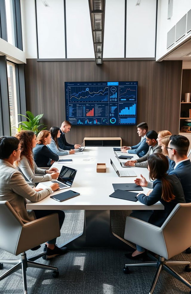 A modern, sleek office environment featuring a diverse group of professionals collaborating around a large conference table