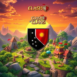 An imaginative depiction inspired by the Clash of Clans game, featuring a vibrant landscape with elements typical of the game style: a colorful village with stone buildings, lush greenery, and whimsical characters