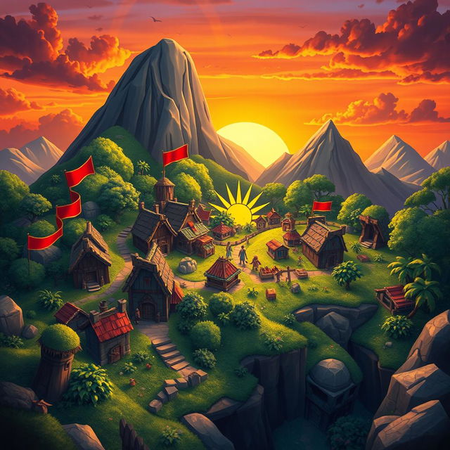 An imaginative depiction inspired by the Clash of Clans game, featuring a vibrant landscape with elements typical of the game style: a colorful village with stone buildings, lush greenery, and whimsical characters