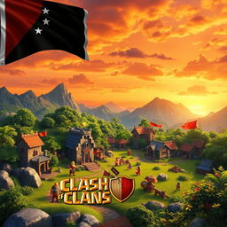 An imaginative depiction inspired by the Clash of Clans game, featuring a vibrant landscape with elements typical of the game style: a colorful village with stone buildings, lush greenery, and whimsical characters