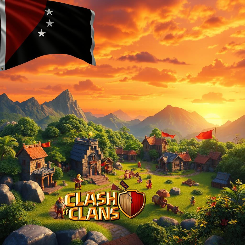 An imaginative depiction inspired by the Clash of Clans game, featuring a vibrant landscape with elements typical of the game style: a colorful village with stone buildings, lush greenery, and whimsical characters